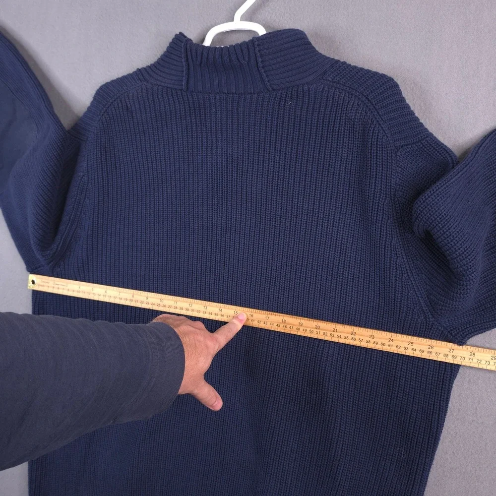 LL Bean XXL Tall Blue Cotton Shawl Neck Pullover Sweater Rib Knit Elbow Patches